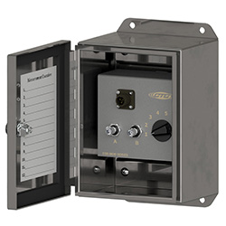 A render of a CTC DSB2000 stainless steel, modular switch box shown with cover unlatched.